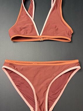 aerie Two-Piece Triangle Bikini in Rust with Peach and Orange Trim